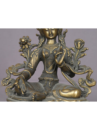 9" Green Tara Brass Statue On Lotus Throne | Handmade Idol | Goddess Green Tara Figurine