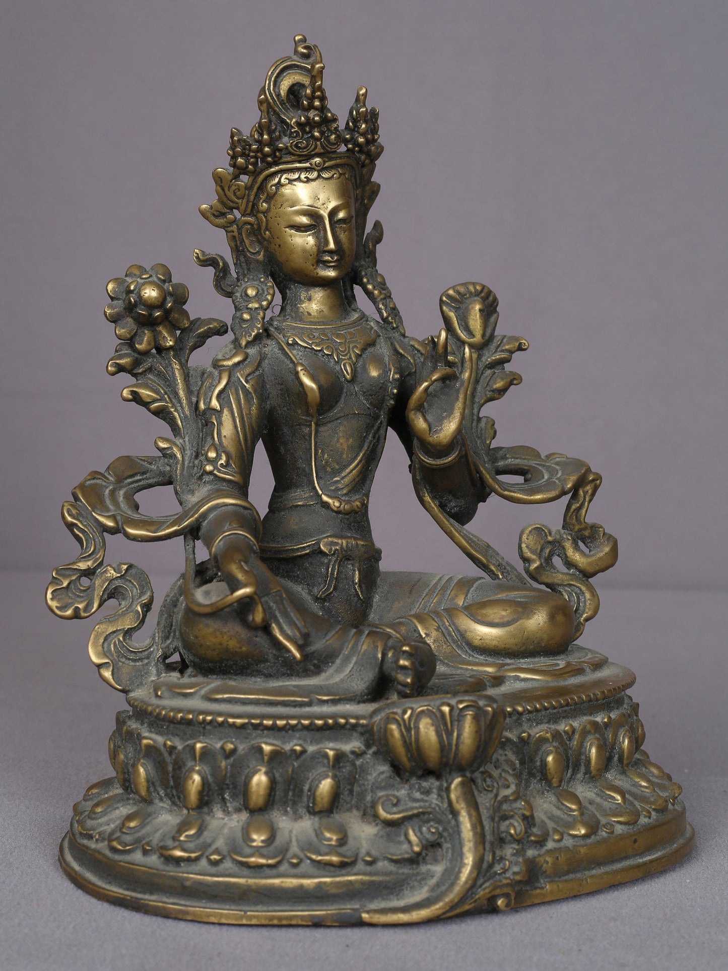 9" Green Tara Brass Statue On Lotus Throne | Handmade Idol | Goddess Green Tara Figurine