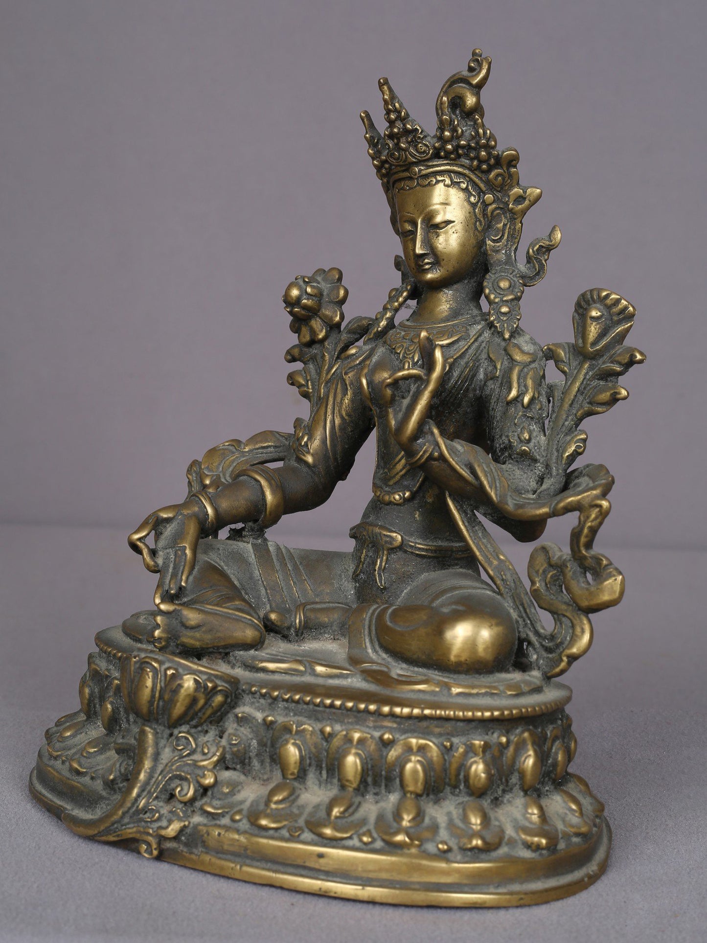 9" Green Tara Brass Statue On Lotus Throne | Handmade Idol | Goddess Green Tara Figurine