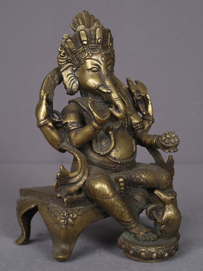 8.5" Blessing Ganesha Brass Sculpture From Nepal | Handmade Idol | Ganesha Statue