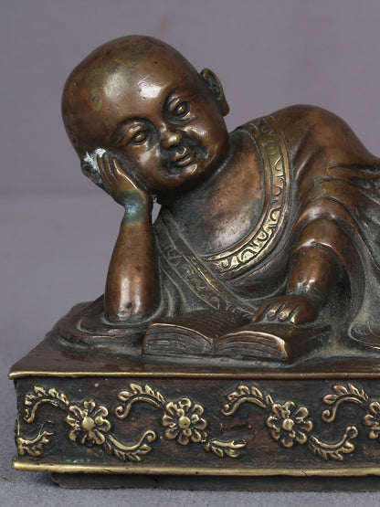 6" Brass Buddha Figurine Immersed In Reading | Handmade Idol | Nepalese Statue