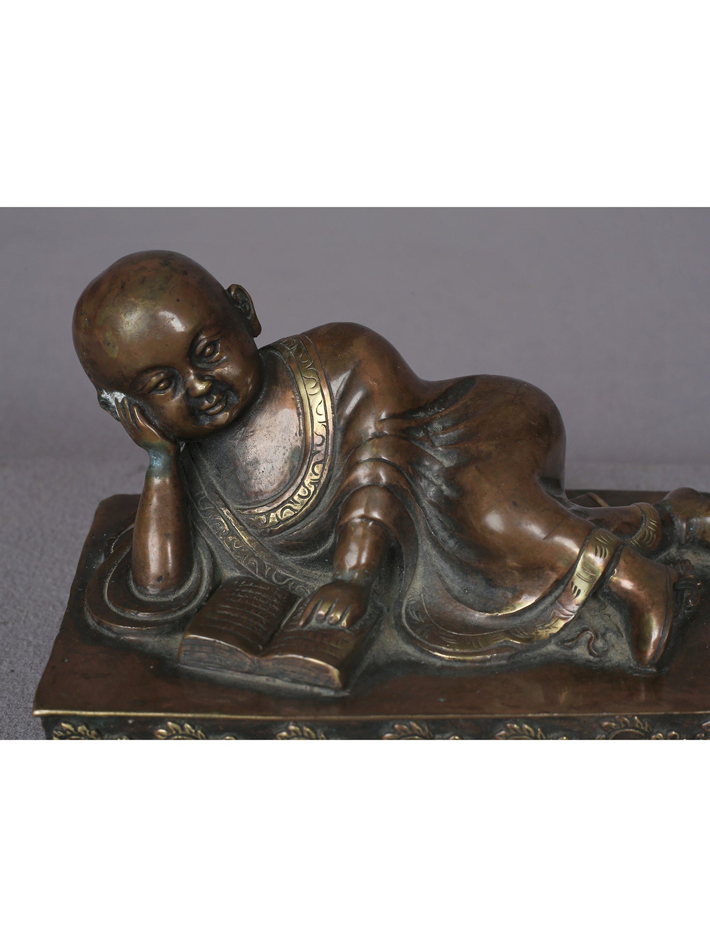 6" Brass Buddha Figurine Immersed In Reading | Handmade Idol | Nepalese Statue