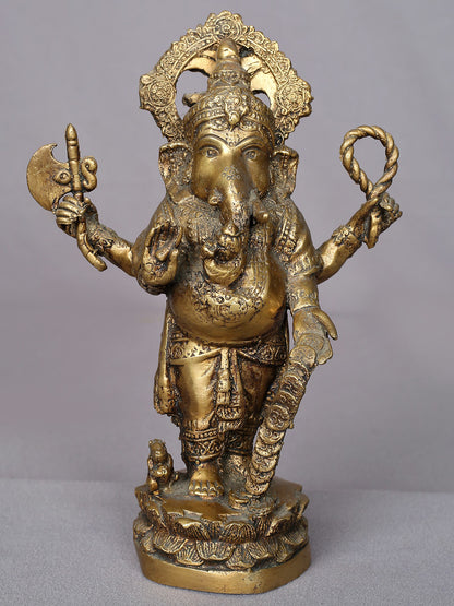 9" Brass Standing Lord Ganesha Figurine From Nepal | Handmade Idol | Lord Ganesha Statue