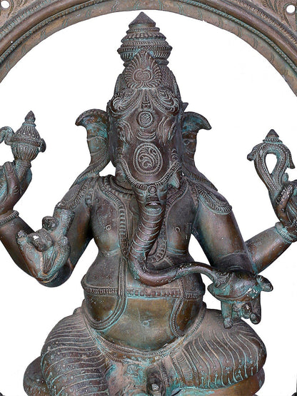 18" Bronze Seated Ganesha Statue With Kirtimukha | Handmade Ganesha Idol | Madhuchista Vidhana (Lost-Wax) | Panchaloha Bronze Statue From Swamimalai