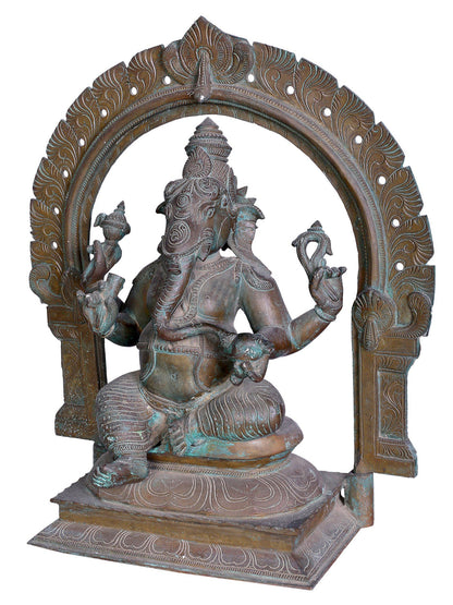 18" Bronze Seated Ganesha Statue With Kirtimukha | Handmade Ganesha Idol | Madhuchista Vidhana (Lost-Wax) | Panchaloha Bronze Statue From Swamimalai