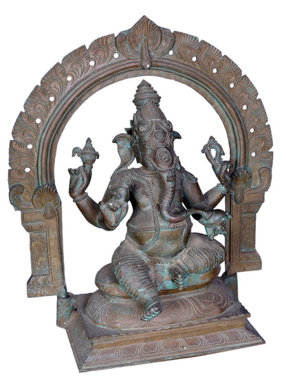 18" Bronze Seated Ganesha Statue With Kirtimukha | Handmade Ganesha Idol | Madhuchista Vidhana (Lost-Wax) | Panchaloha Bronze Statue From Swamimalai