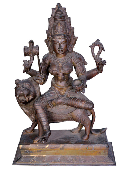 18" Bronze Mariamman (Durga) Seated On Lion | Handmade | Madhuchista Vidhana (Lost-Wax) | Panchaloha Bronze Statue From Swamimalai