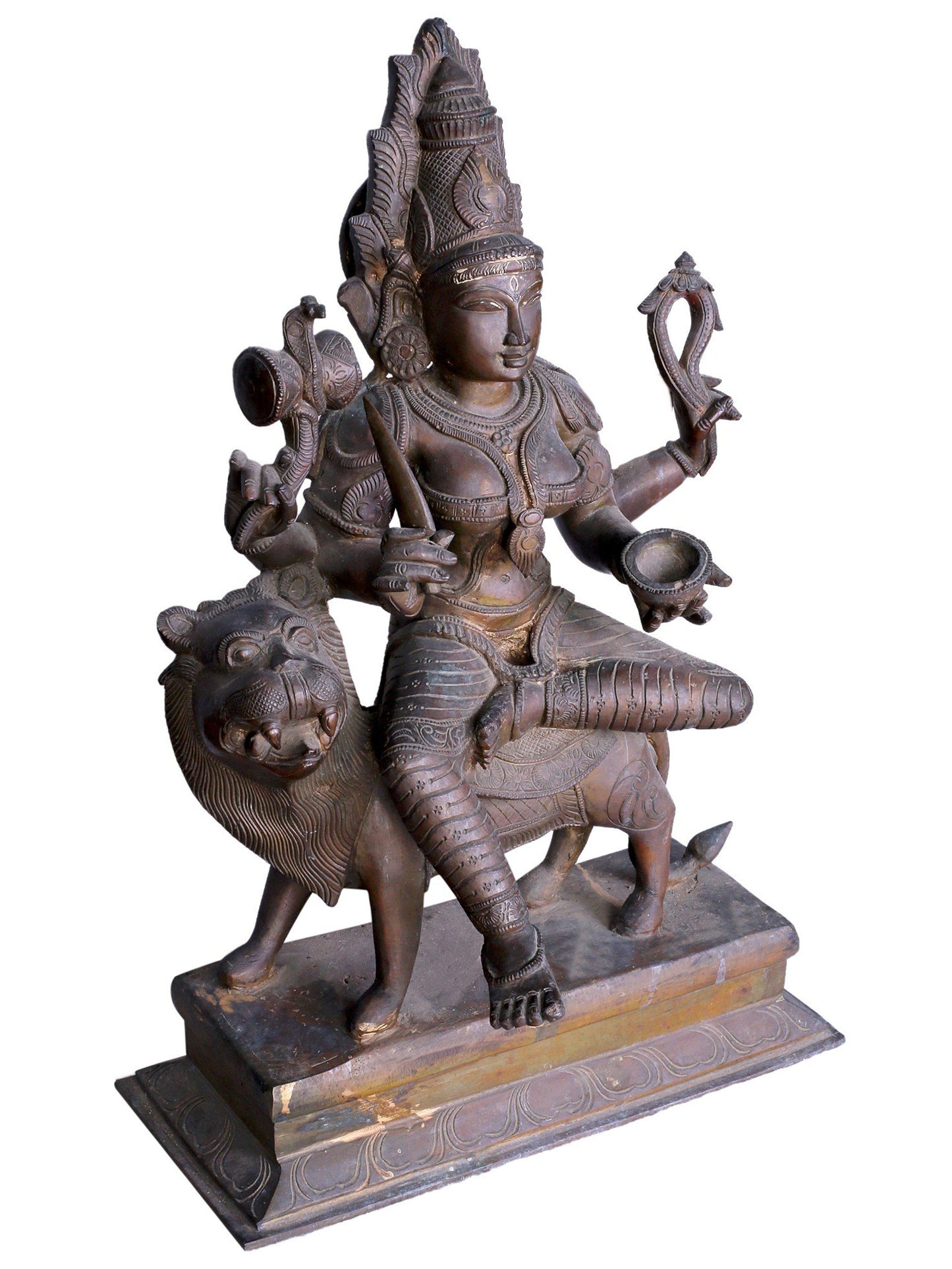 18" Bronze Mariamman (Durga) Seated On Lion | Handmade | Madhuchista Vidhana (Lost-Wax) | Panchaloha Bronze Statue From Swamimalai