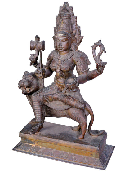 18" Bronze Mariamman (Durga) Seated On Lion | Handmade | Madhuchista Vidhana (Lost-Wax) | Panchaloha Bronze Statue From Swamimalai