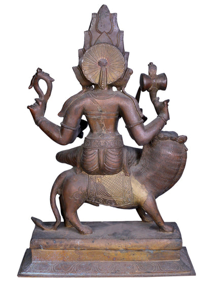 18" Bronze Mariamman (Durga) Seated On Lion | Handmade | Madhuchista Vidhana (Lost-Wax) | Panchaloha Bronze Statue From Swamimalai