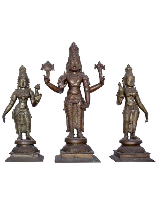 25" Lord Vishnu with Sridevi & Bhudevi Handmade Panchaloha Bronze Statue from Swamimalai