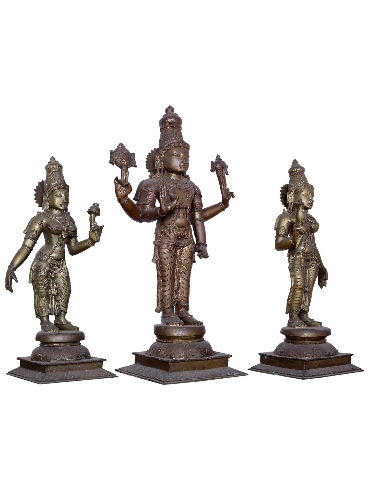 25" Lord Vishnu with Sridevi & Bhudevi Handmade Panchaloha Bronze Statue from Swamimalai