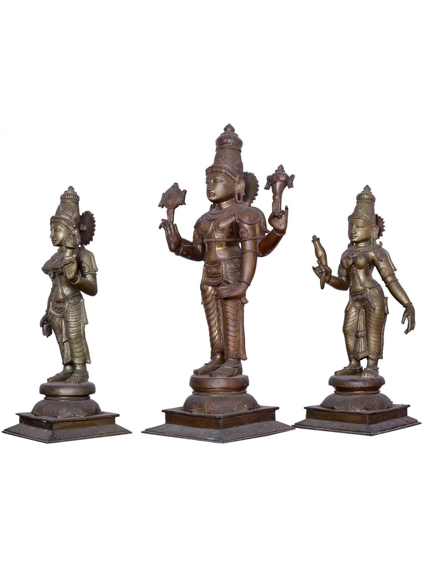 25" Lord Vishnu with Sridevi & Bhudevi Handmade Panchaloha Bronze Statue from Swamimalai