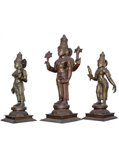 25" Lord Vishnu with Sridevi & Bhudevi Handmade Panchaloha Bronze Statue from Swamimalai