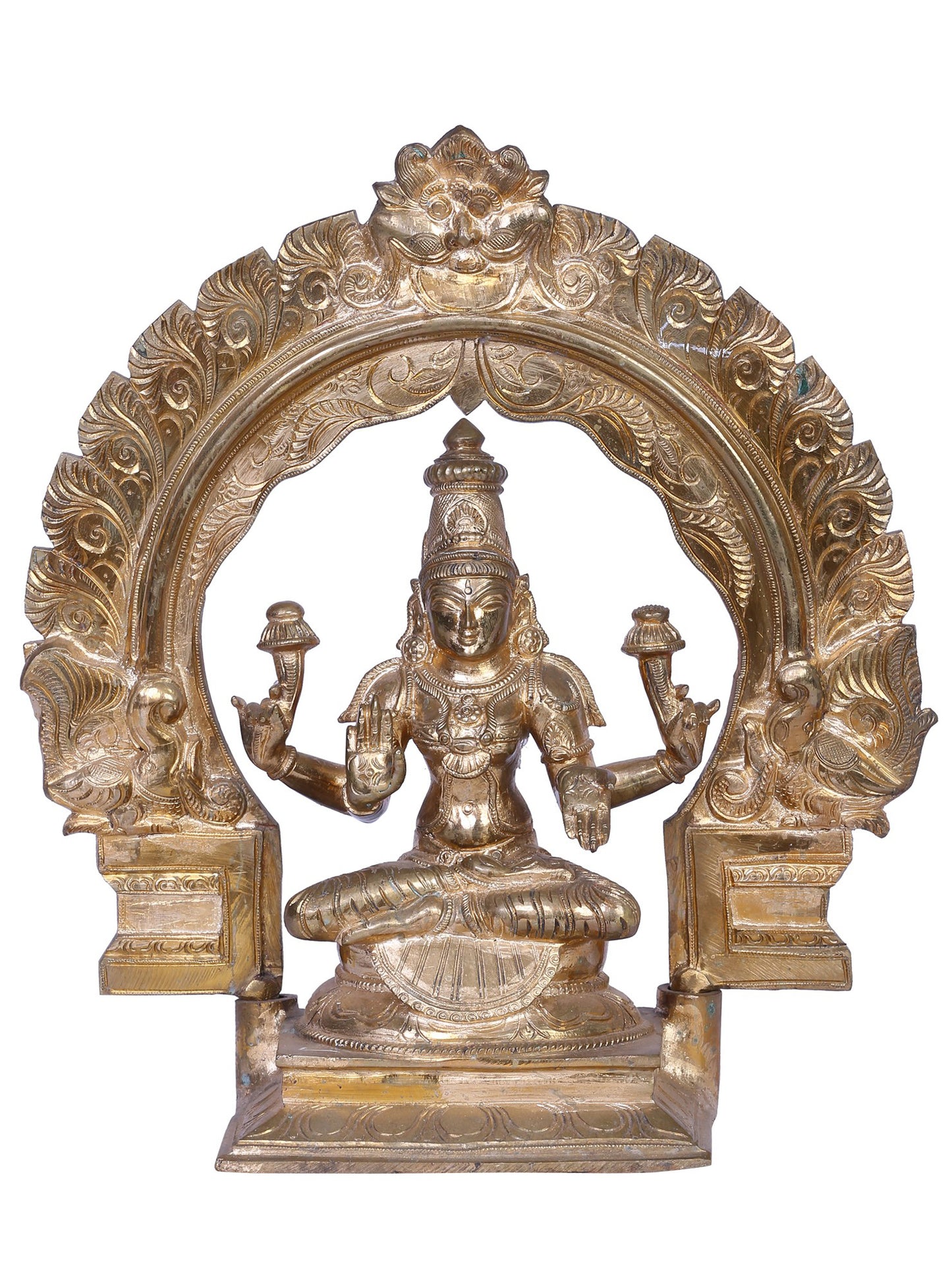 12" Bronze Goddess Lakshmi With Kirtimukha Throne | Handmade | Madhuchista Vidhana (Lost-Wax) | Panchaloha Bronze From Swamimalai