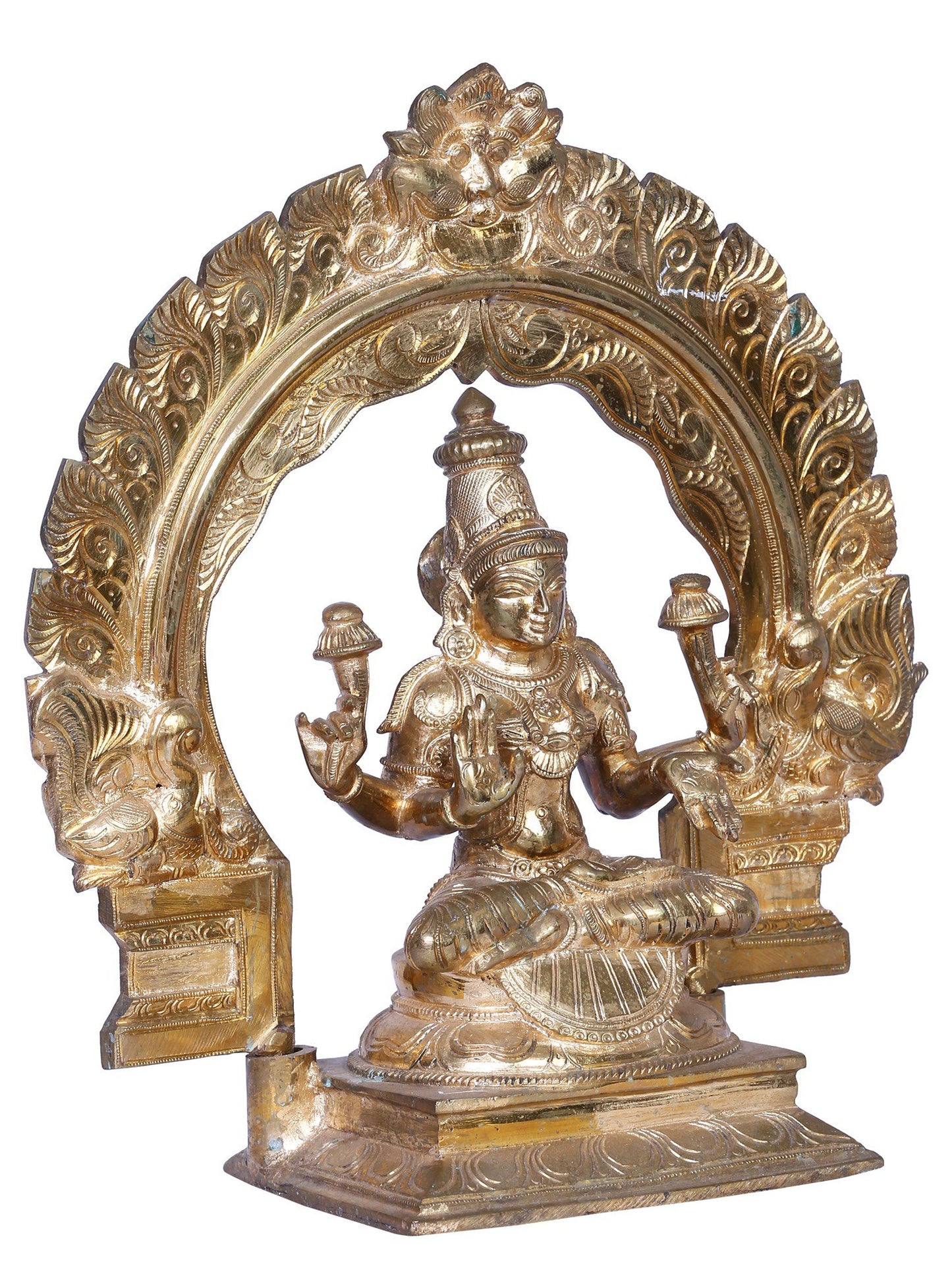 12" Bronze Goddess Lakshmi With Kirtimukha Throne | Handmade | Madhuchista Vidhana (Lost-Wax) | Panchaloha Bronze From Swamimalai