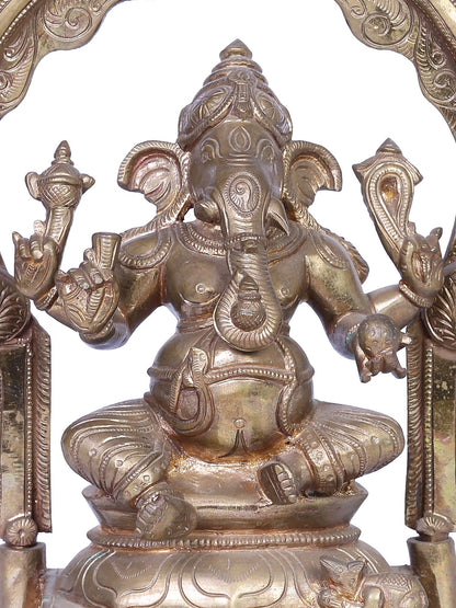 12" Bronze Lord Ganesha Idol Seated on Singhasan | Handmade | Madhuchista Vidhana (Lost-Wax) | Panchaloha Bronze from Swamimalai