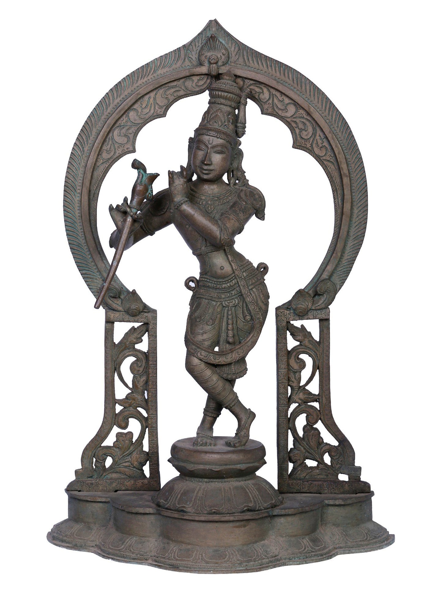 16" Lord Krishna Bronze Idol with Arch | Handmade | Madhuchista Vidhana (Lost-Wax) | Panchaloha Bronze from Swamimalai