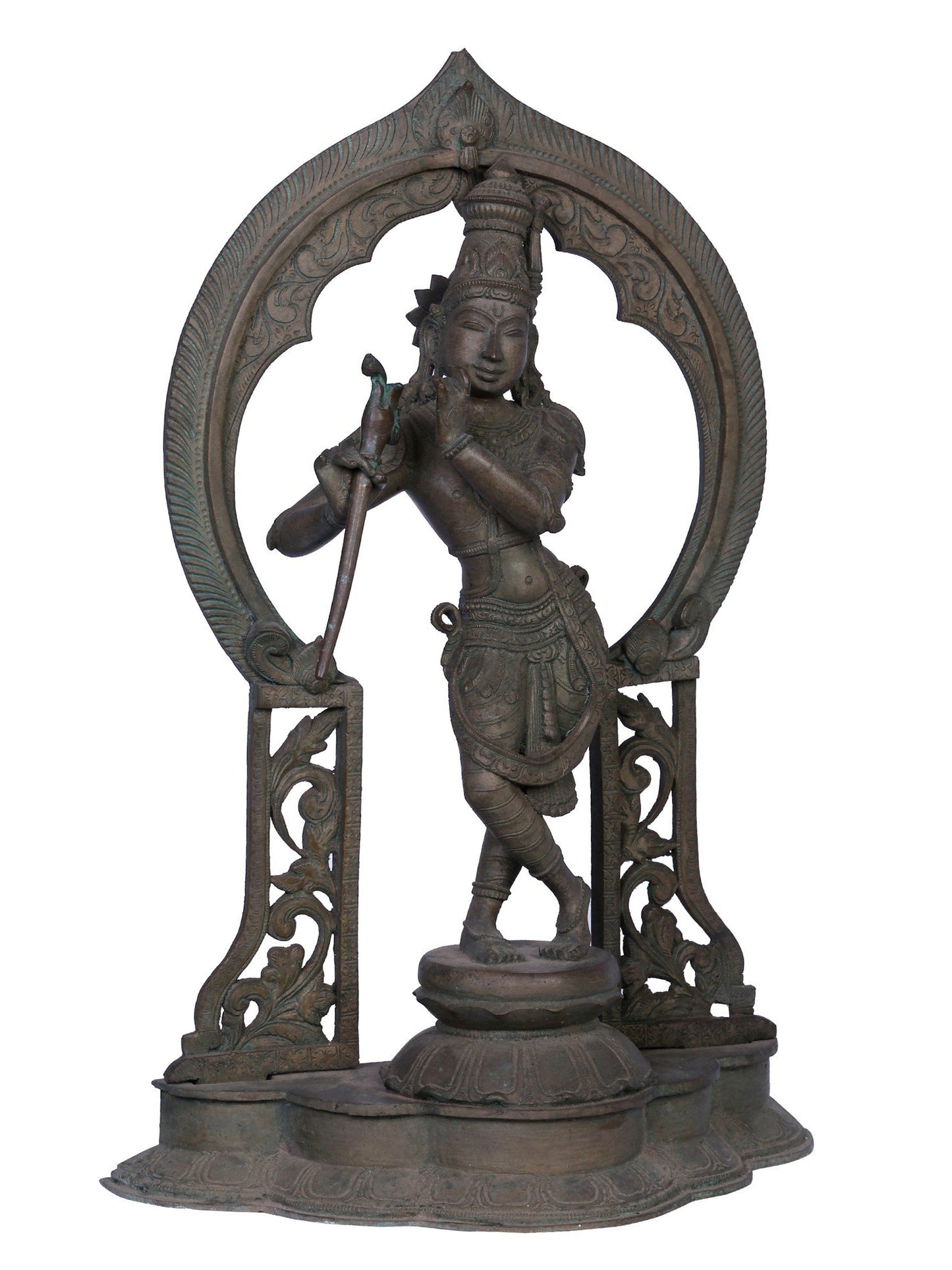 16" Lord Krishna Bronze Idol with Arch | Handmade | Madhuchista Vidhana (Lost-Wax) | Panchaloha Bronze from Swamimalai