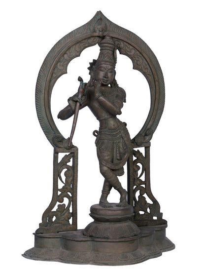 16" Lord Krishna Bronze Idol with Arch | Handmade | Madhuchista Vidhana (Lost-Wax) | Panchaloha Bronze from Swamimalai