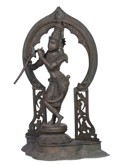 16" Lord Krishna Bronze Idol with Arch | Handmade | Madhuchista Vidhana (Lost-Wax) | Panchaloha Bronze from Swamimalai