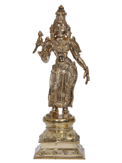 9" Bronze Goddess Parvati (Meenakshi Devi) Idol with Parrot | Madhuchista Vidhana (Lost-Wax) | Panchaloha Bronze from Swamimalai