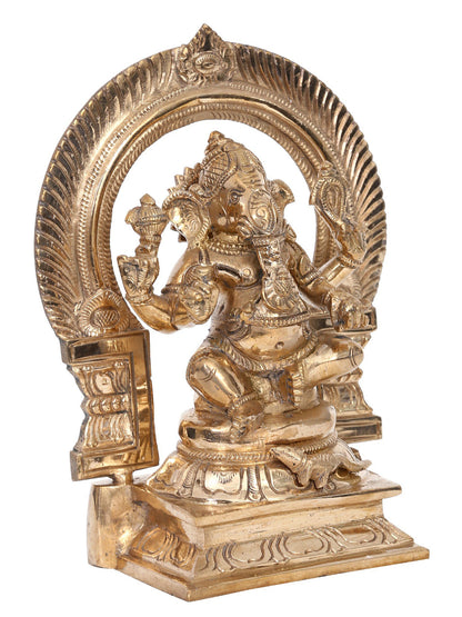 7" Bronze Lord Ganesha Idol Seated on Throne with Arch | Handmade Idol | Madhuchista Vidhana (Lost-Wax) | Panchaloha Bronze from Swamimalai