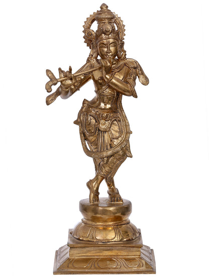 14" Standing Lord Krishna Bronze Statue Playing Flute | Madhuchista Vidhana (Lost-Wax) | Lord Krishna Statue | Panchaloha Bronze From Swamimalai