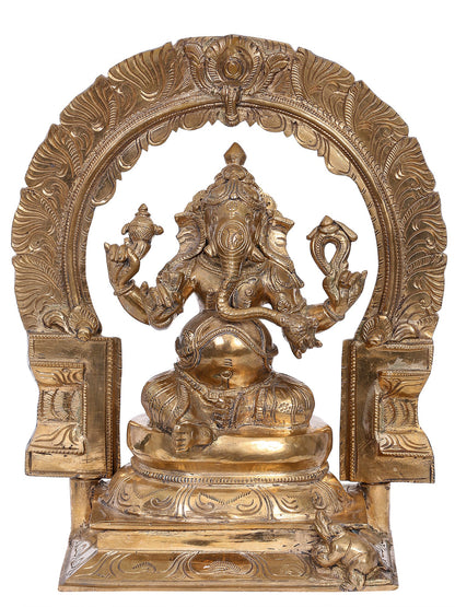 12" Bronze Lord Ganesha Seated on Throne with Arch | Handmade Idol | Madhuchista Vidhana (Lost-Wax) | Panchaloha Bronze from Swamimalai