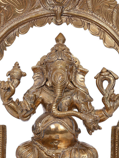 12" Bronze Lord Ganesha Seated on Throne with Arch | Handmade Idol | Madhuchista Vidhana (Lost-Wax) | Panchaloha Bronze from Swamimalai