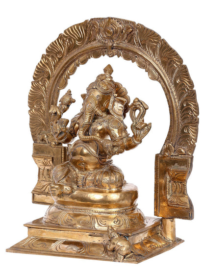 12" Bronze Lord Ganesha Seated on Throne with Arch | Handmade Idol | Madhuchista Vidhana (Lost-Wax) | Panchaloha Bronze from Swamimalai