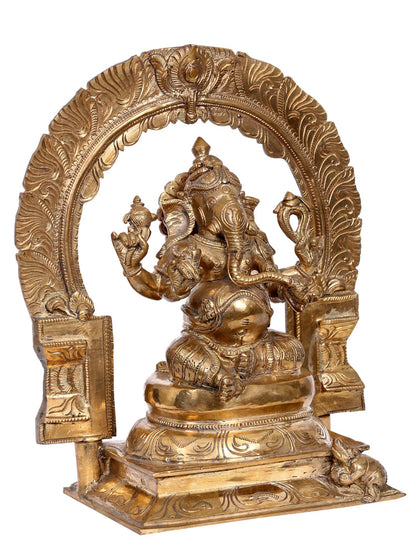 12" Bronze Lord Ganesha Seated on Throne with Arch | Handmade Idol | Madhuchista Vidhana (Lost-Wax) | Panchaloha Bronze from Swamimalai