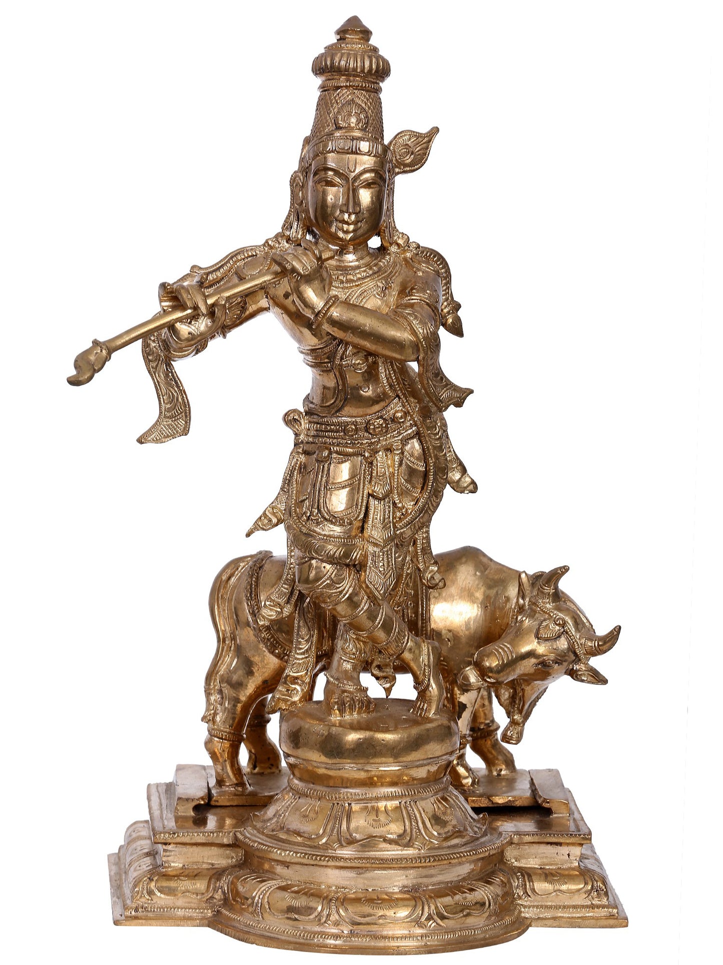 13" Bronze Lord Krishna Idol with Cow | Handmade Krishna Idol | Madhuchista Vidhana (Lost-Wax) | Panchaloha Bronze from Swamimalai