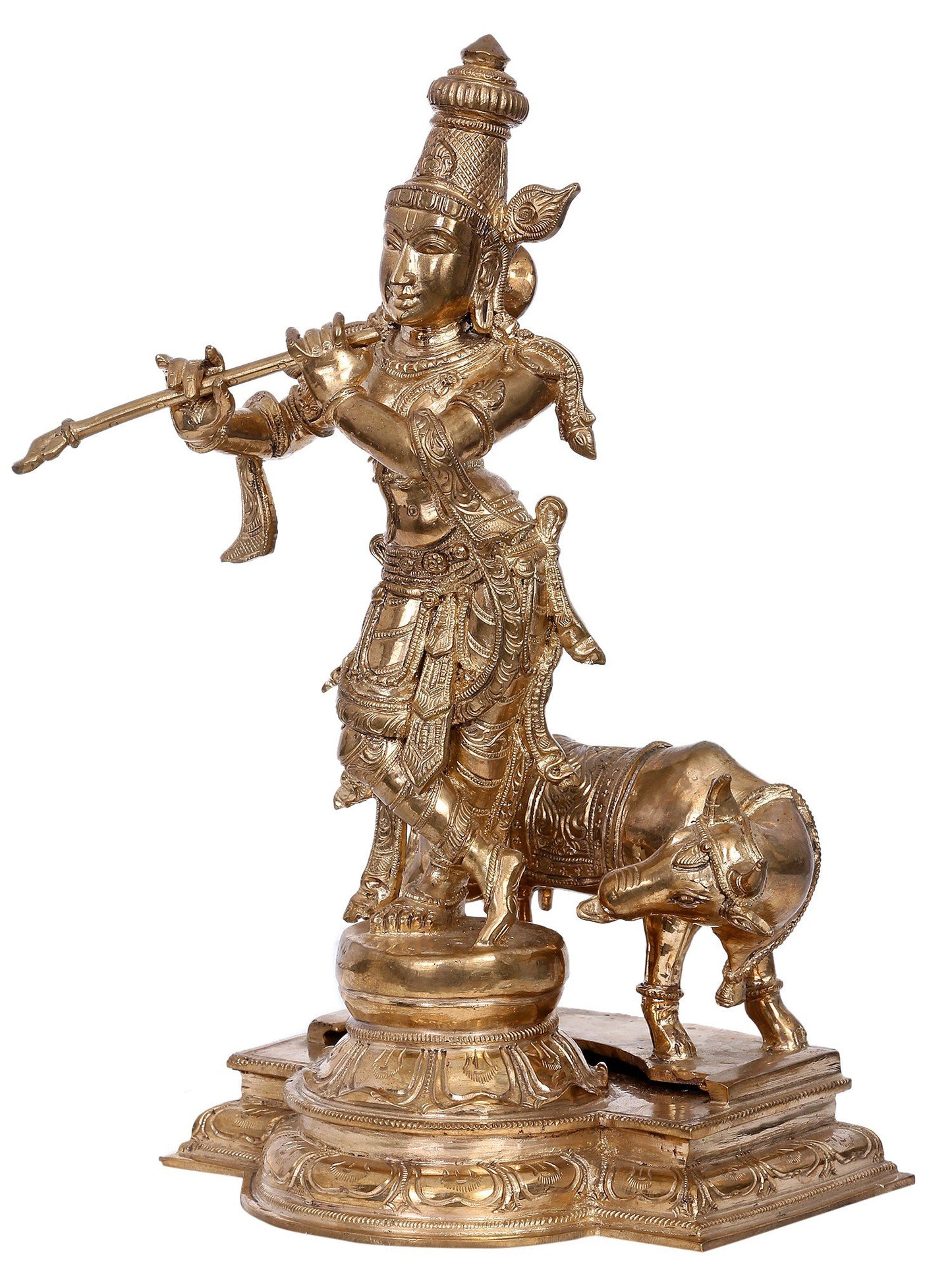 13" Bronze Lord Krishna Idol with Cow | Handmade Krishna Idol | Madhuchista Vidhana (Lost-Wax) | Panchaloha Bronze from Swamimalai