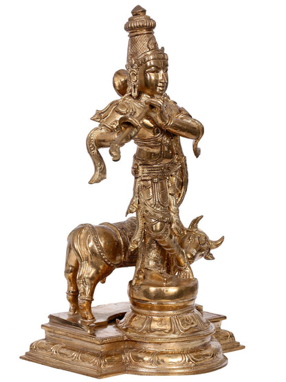 13" Bronze Lord Krishna Idol with Cow | Handmade Krishna Idol | Madhuchista Vidhana (Lost-Wax) | Panchaloha Bronze from Swamimalai