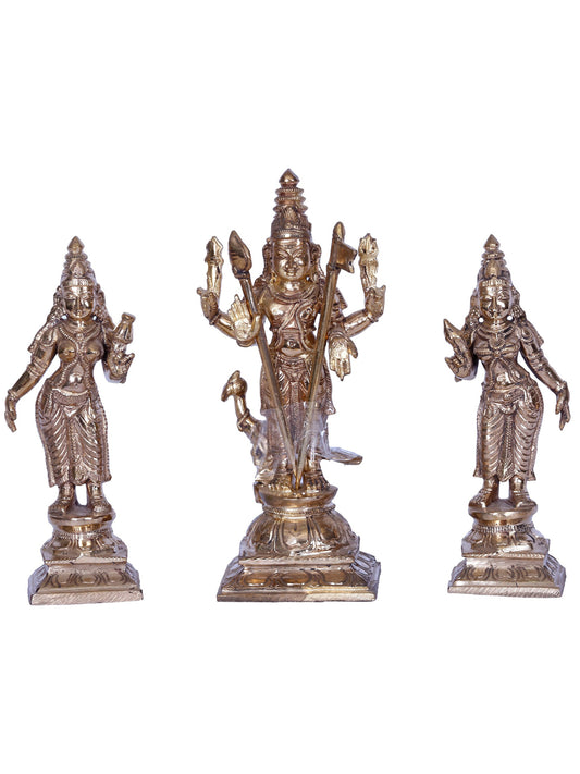 7" Lord Karttikeya with Devasena & Valli | Madhuchista Vidhana (Lost-Wax) | Panchaloha Bronze from Swamimalai