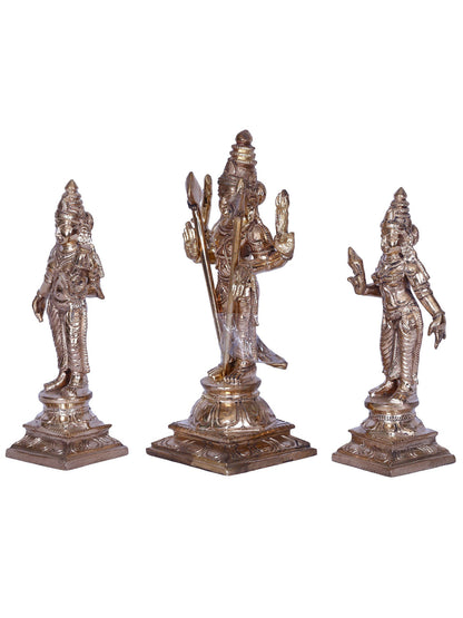 7" Lord Karttikeya with Devasena & Valli | Madhuchista Vidhana (Lost-Wax) | Panchaloha Bronze from Swamimalai