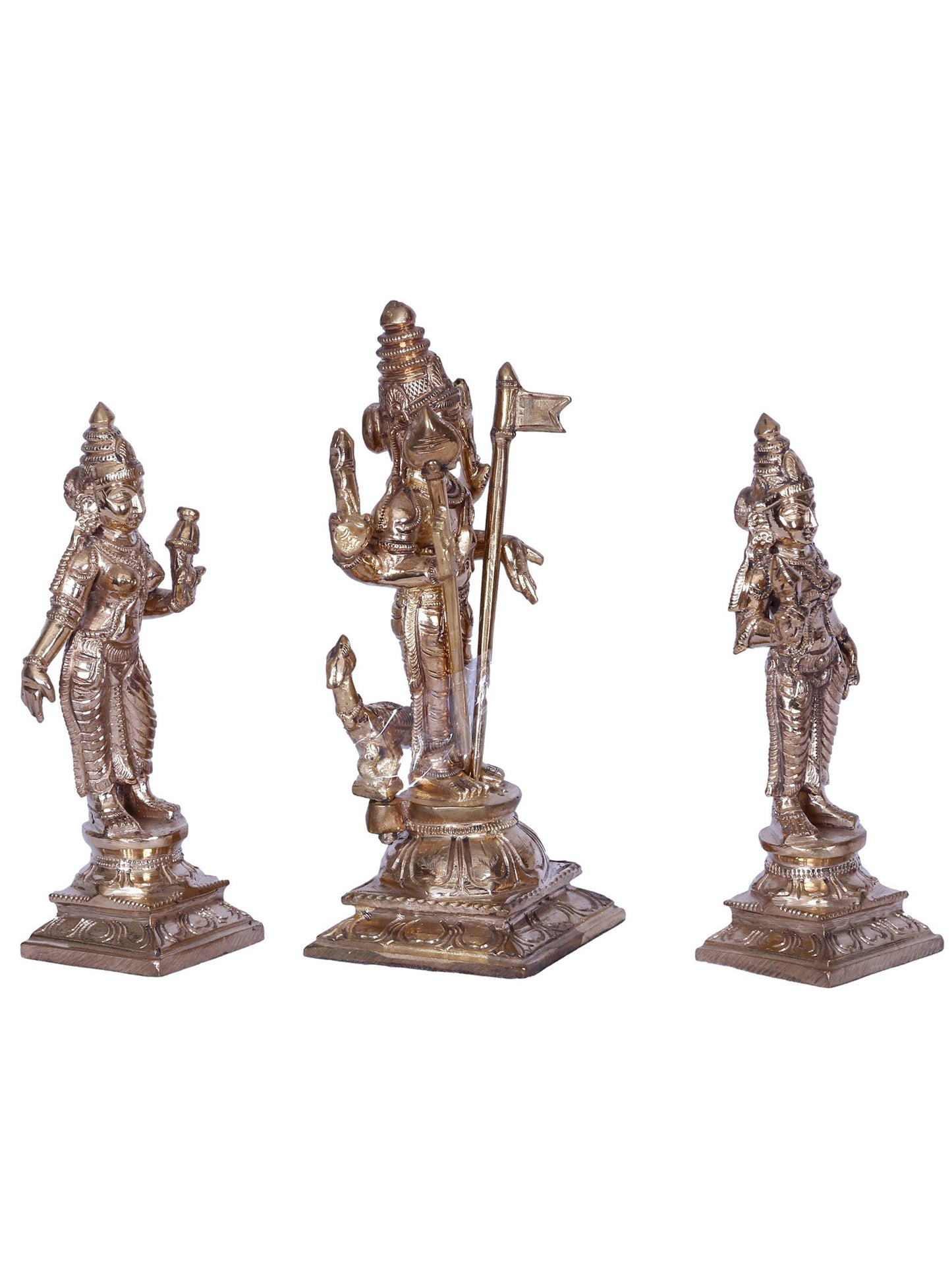 7" Lord Karttikeya with Devasena & Valli | Madhuchista Vidhana (Lost-Wax) | Panchaloha Bronze from Swamimalai