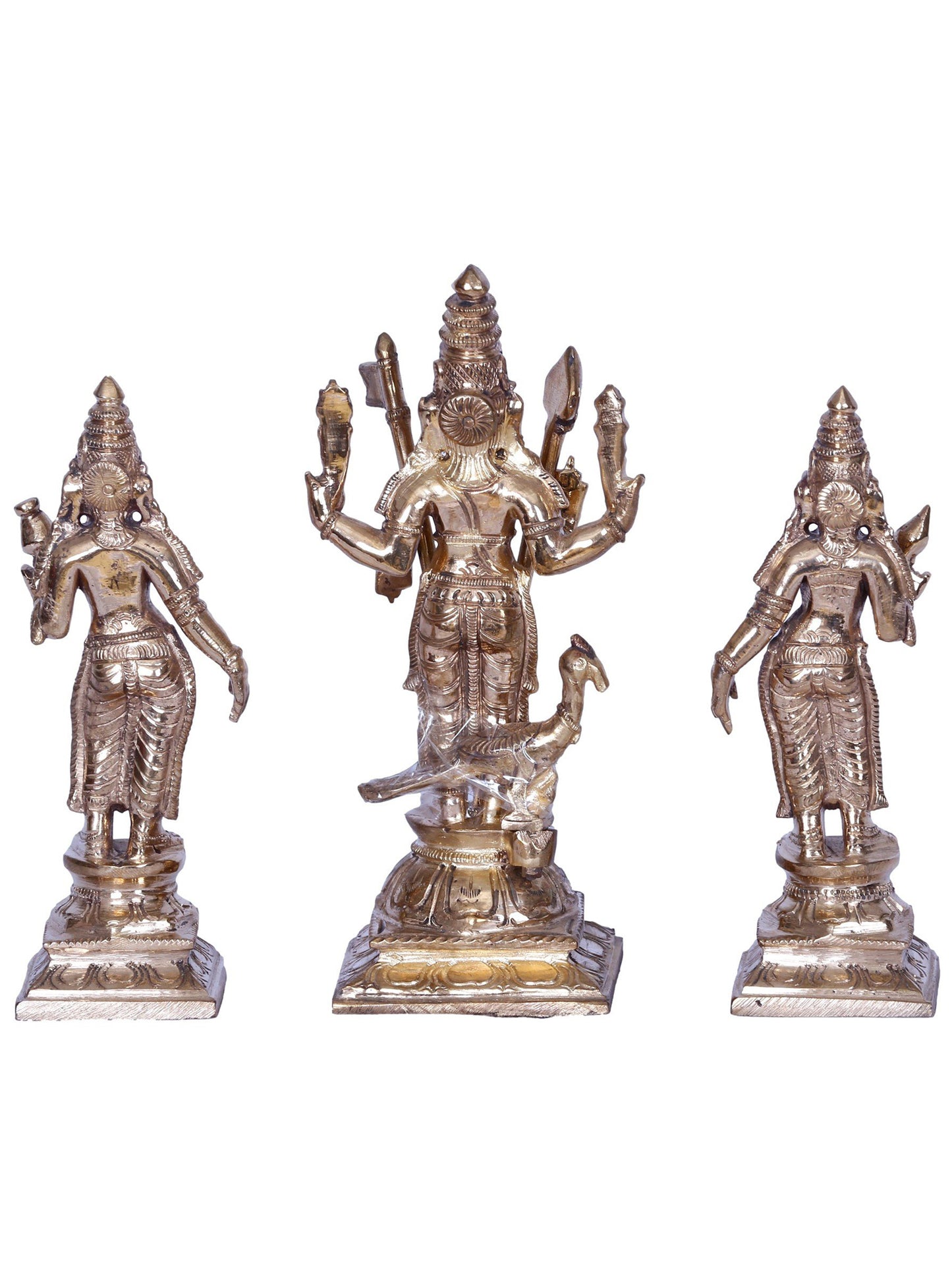 7" Lord Karttikeya with Devasena & Valli | Madhuchista Vidhana (Lost-Wax) | Panchaloha Bronze from Swamimalai