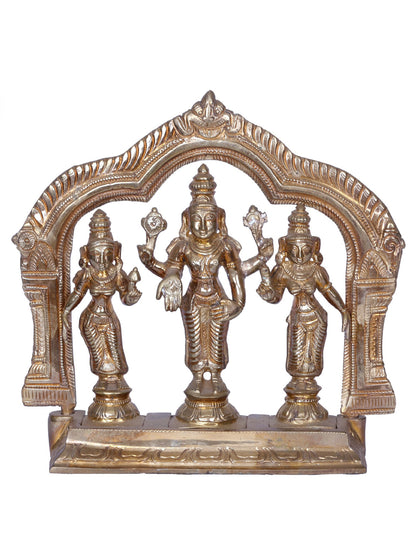 7" Lord Vishnu with Sridevi & Bhudevi | Madhuchista Vidhana (Lost-Wax) | Panchaloha Bronze from Swamimalai