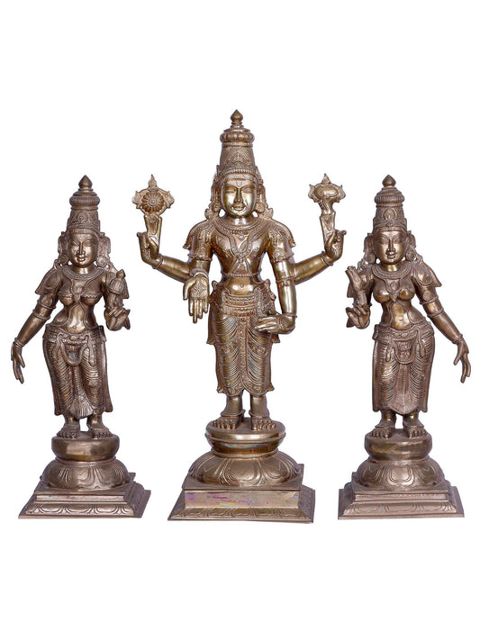 26" Lord Vishnu Idol with Sridevi & Bhudevi | Panchaloha Bronze from Swamimalai