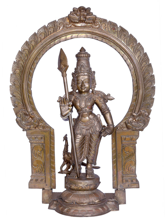 30" Standing Lord Karttikeya Panchaloha Bronze Statue with Kirtimukha Throne