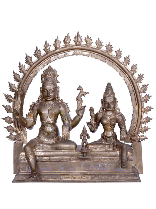 22" Lord Shiva Devi Parvati with Kartikeya | Handmade | Madhuchista Vidhana (Lost-Wax) | Panchaloha Bronze from Swamimalai