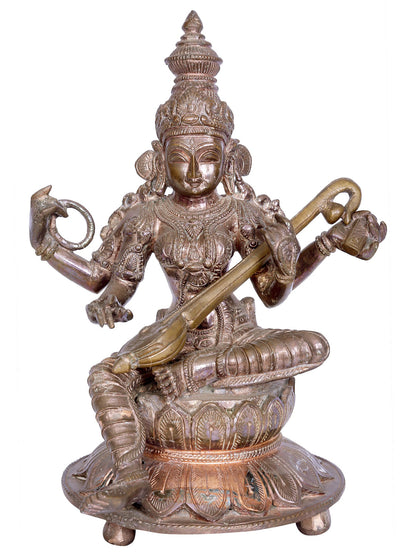 10" Sitting Goddess Saraswati Sculpture | Madhuchista Vidhana (Lost-Wax) | Panchaloha Bronze from Swamimalai