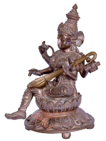 10" Sitting Goddess Saraswati Sculpture | Madhuchista Vidhana (Lost-Wax) | Panchaloha Bronze from Swamimalai