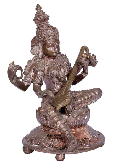 10" Sitting Goddess Saraswati Sculpture | Madhuchista Vidhana (Lost-Wax) | Panchaloha Bronze from Swamimalai