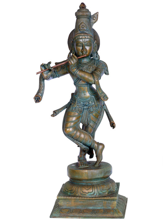 19" Standing Lord Krishna Idol Playing Flute | Madhuchista Vidhana (Lost-Wax) | Panchaloha Bronze from Swamimalai