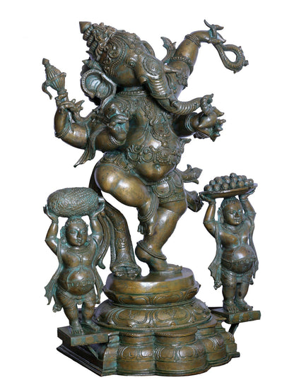 29" Handmade Four Hand Dancing Ganesha Panchaloha Bronze Statue