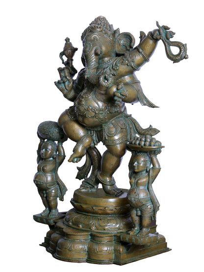 29" Handmade Four Hand Dancing Ganesha Panchaloha Bronze Statue