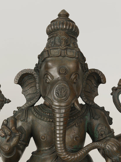 20" Four Armed Lord Ganesha Bronze Idol Seated on Pedestal Podium